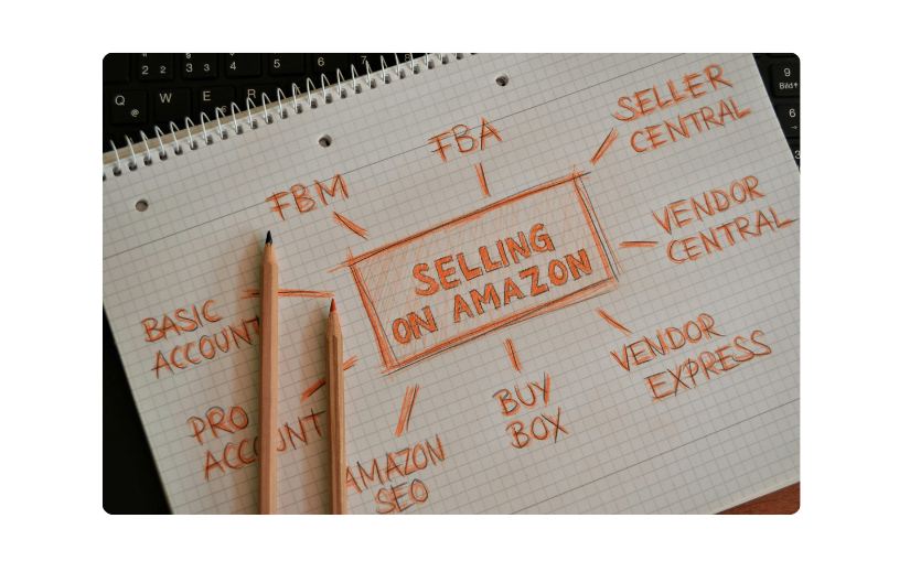  Hand-drawn mind map with Amazon seller tips, including FBA, FBM, Seller Central, and Amazon SEO.